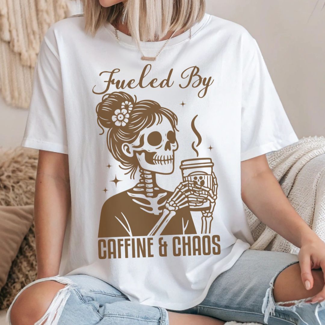 Fueled By Caffeine & Chaos Jersey Tee - Perfect for Coffee Lovers