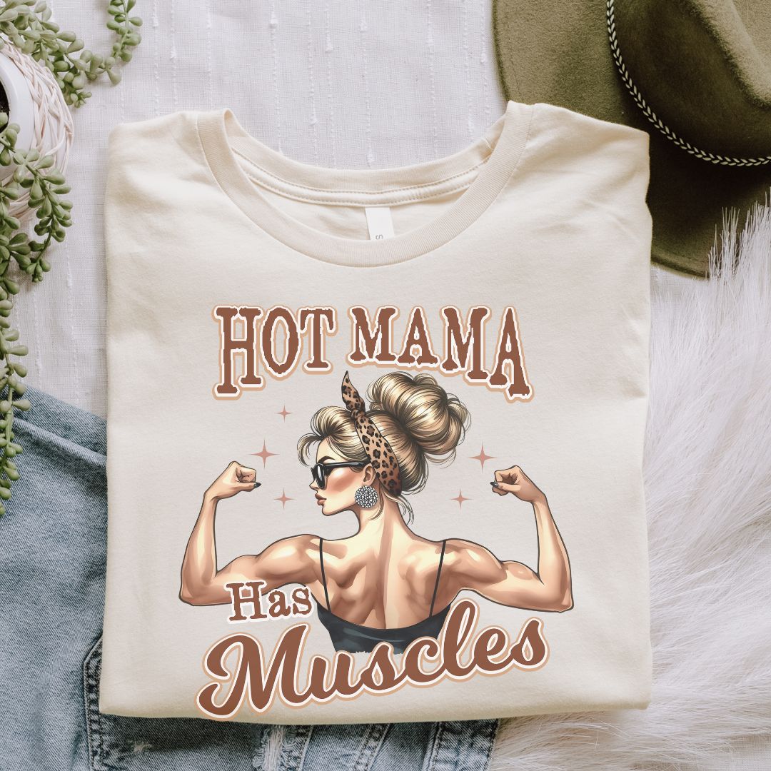 Hot Mama Has Muscles Jersey Tee - Empowering Graphic T-Shirt for Fitness Lovers