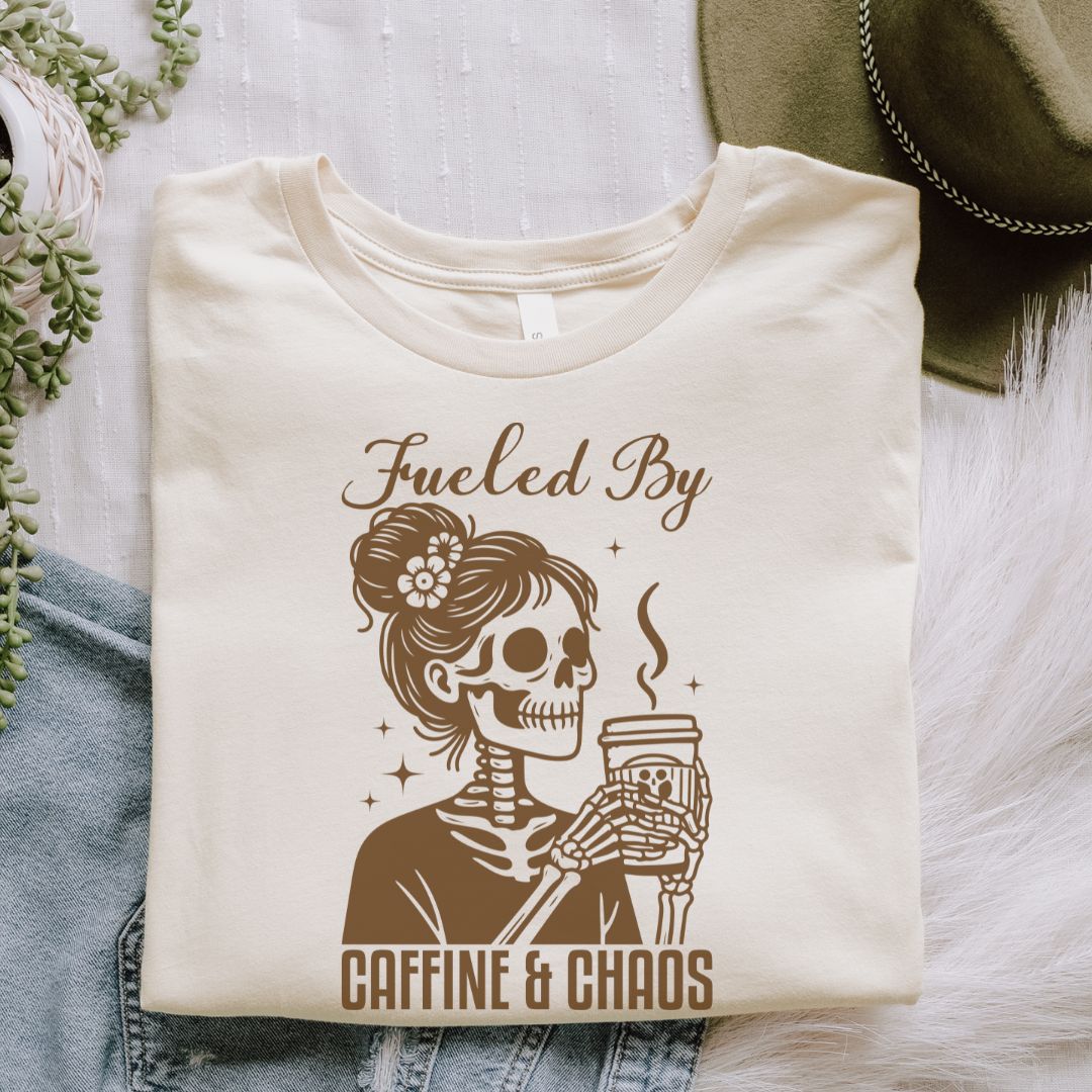 Fueled By Caffeine & Chaos Jersey Tee - Perfect for Coffee Lovers